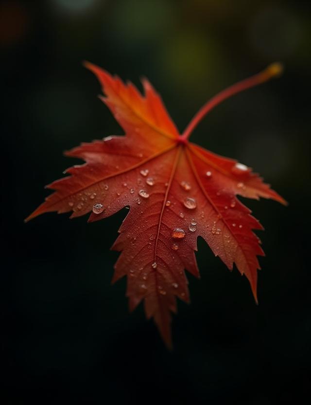 晩秋の早朝、暗い背景に露を宿す一枚の紅葉
