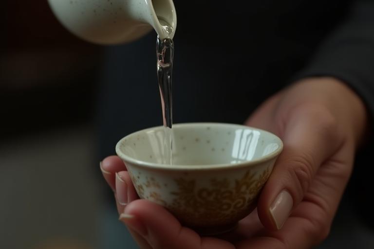 職人の手によって繊細なお猪口に注がれる透明な日本酒